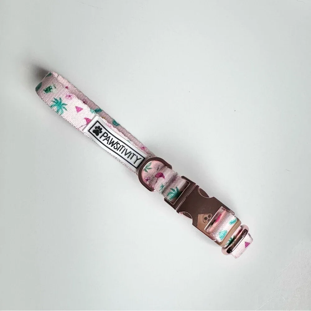 Pawsitivity Pink Pet Collar with Palm Trees Flamingos Rose Gold Clasp